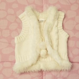 Baby Girl White Cable Knit Sweater Vest w/Fur Trim